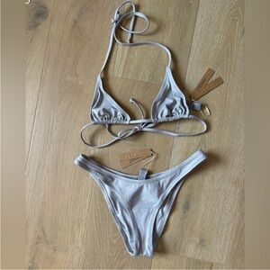 SKIMS swim bikini set chrome silver triangle top XS & cheeky tanga bottoms Small